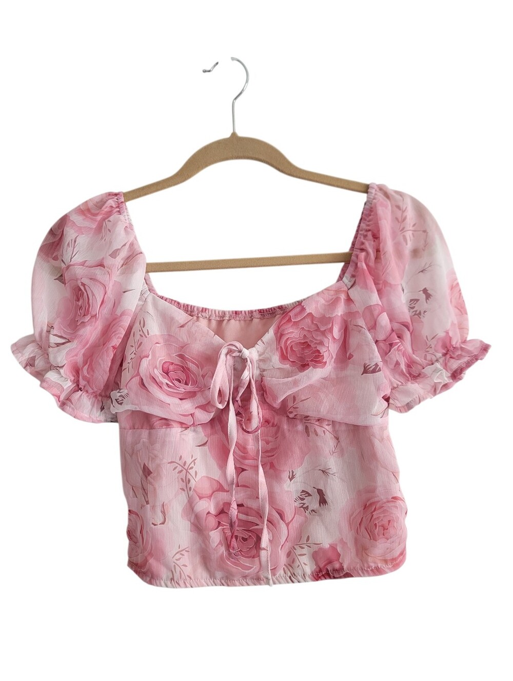 Dazy Tie-Front Pink Puff Sleeve Crop Top Coquette Rose Blouse Corset Bodice